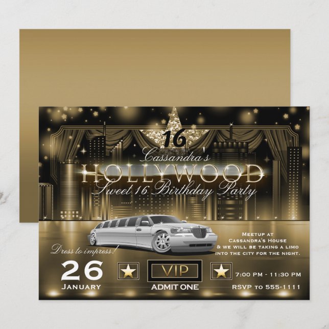 Invitation Gold Black City Night Lights Limo Hollywood Party (Devant / Derrière)