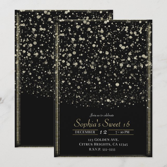 Invitation Gold & Black Confetti Splatter Sweet 16 Party (Devant / Derrière)