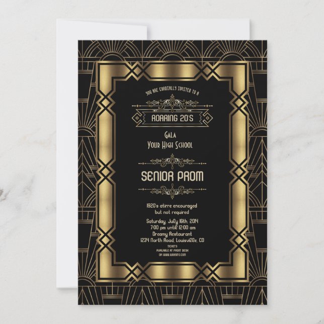 Invitation Gold Black Deco Gatsby 1920s Style Senior PROM (Devant)