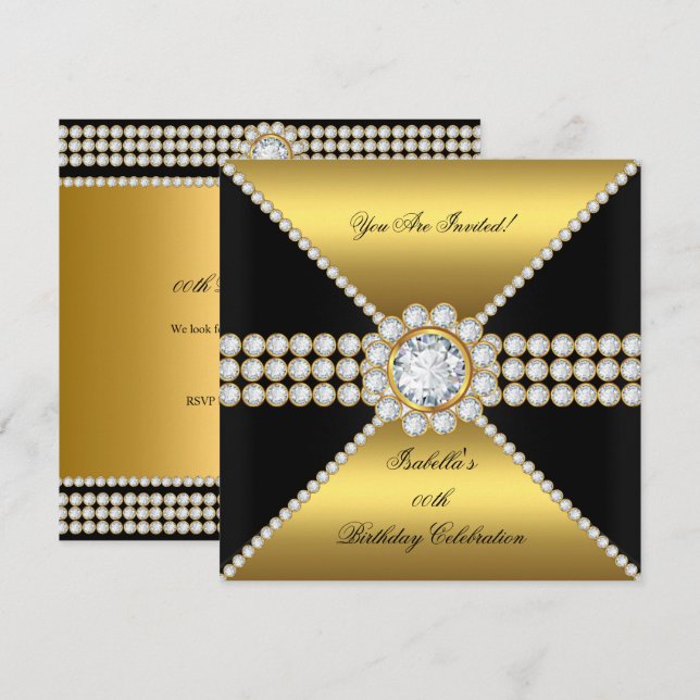 Invitation Gold Black Diamond Sophisticated Anniversaire Part (Devant / Derrière)