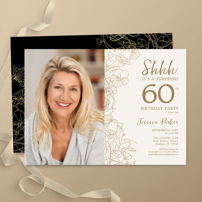 Invitation Gold Black Elegant Surprise Photo 60e anniversaire (Créateur téléchargé)