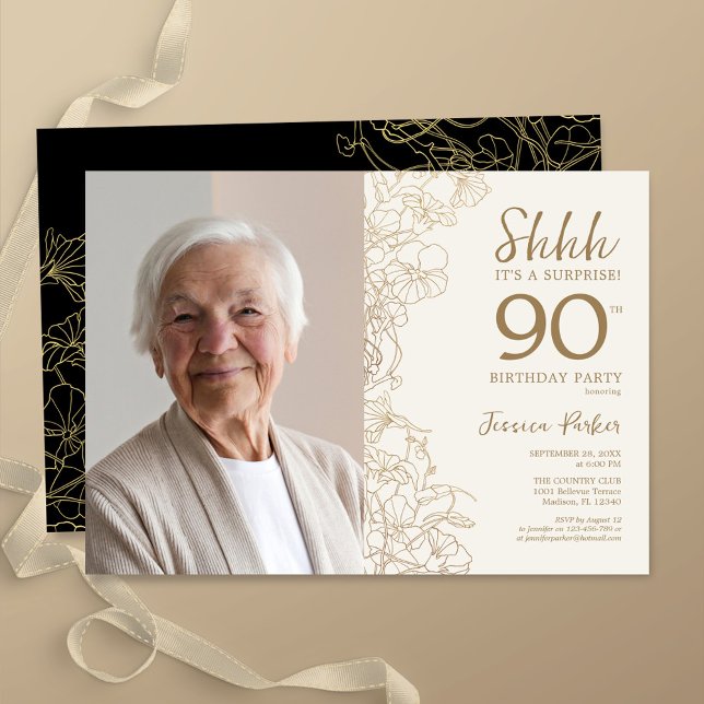 Invitation Gold Black Elegant Surprise Photo 90e anniversaire (Créateur téléchargé)