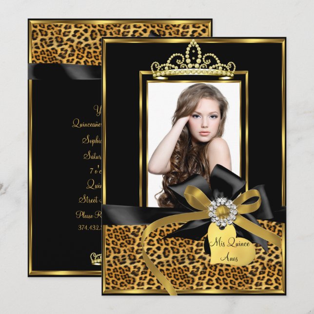 Invitation Gold Black Empreinte de léopard & Bow Photo Quince (Devant / Derrière)