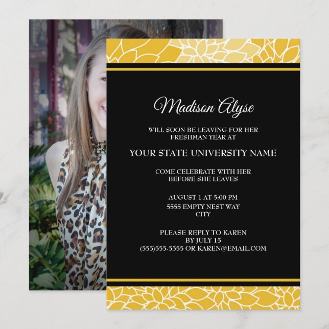 Invitation Gold Black Floral College Trunk Party Photo Invita (Devant / Derrière)
