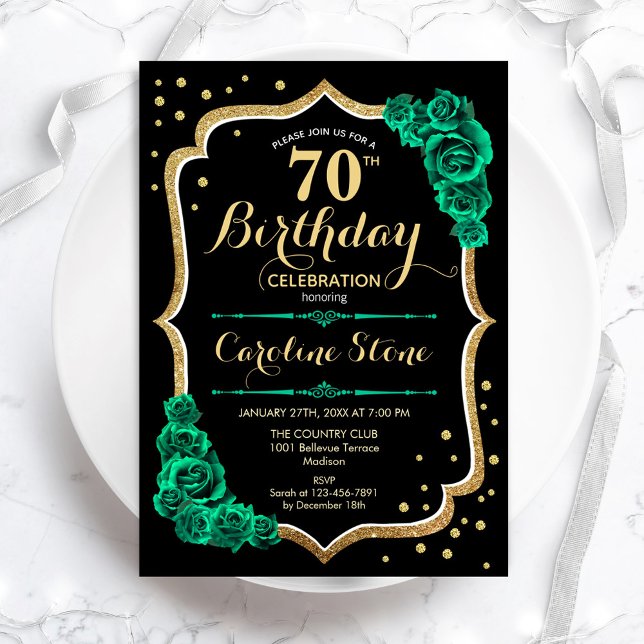 Invitation Gold Black Green Rose 70e anniversaire (Créateur téléchargé)