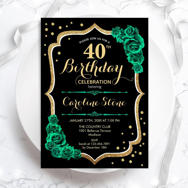 Invitation Gold Black Green Roses 40e anniversaire (Créateur téléchargé)