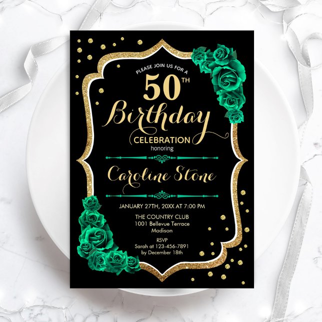 Invitation Gold Black Green Roses 50e anniversaire (Créateur téléchargé)
