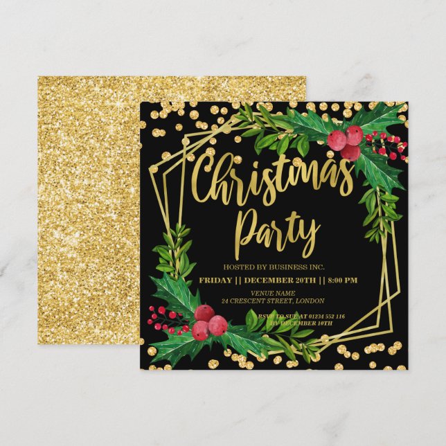 Invitation Gold Black Holly Frame Parties scintillant Noël En (Devant / Derrière)