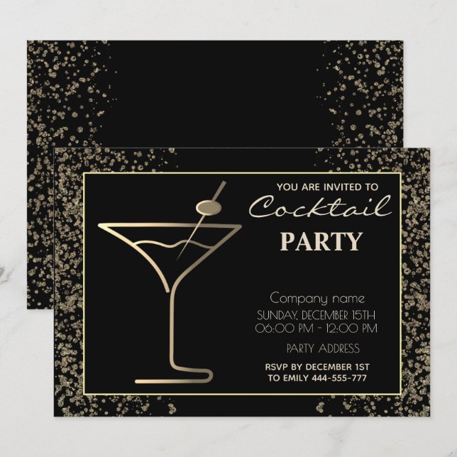 Invitation Gold Black luxe cocktail de vacances (Devant / Derrière)