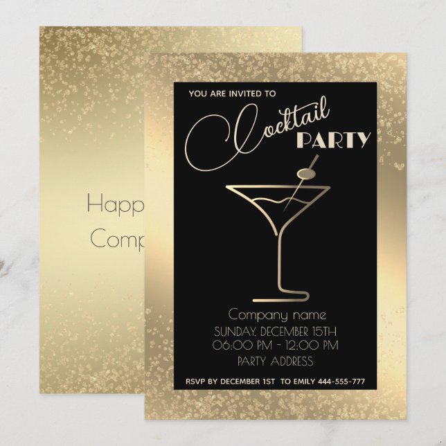 Invitation Gold Black luxe cocktail de vacances (Devant / Derrière)