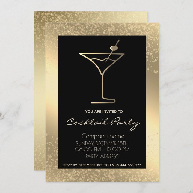 Invitation Gold Black luxe cocktail de vacances (Devant / Derrière)