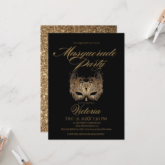 Invitation Gold Black Masquerade Party Anniversaire (Devant/Arrière en situation)