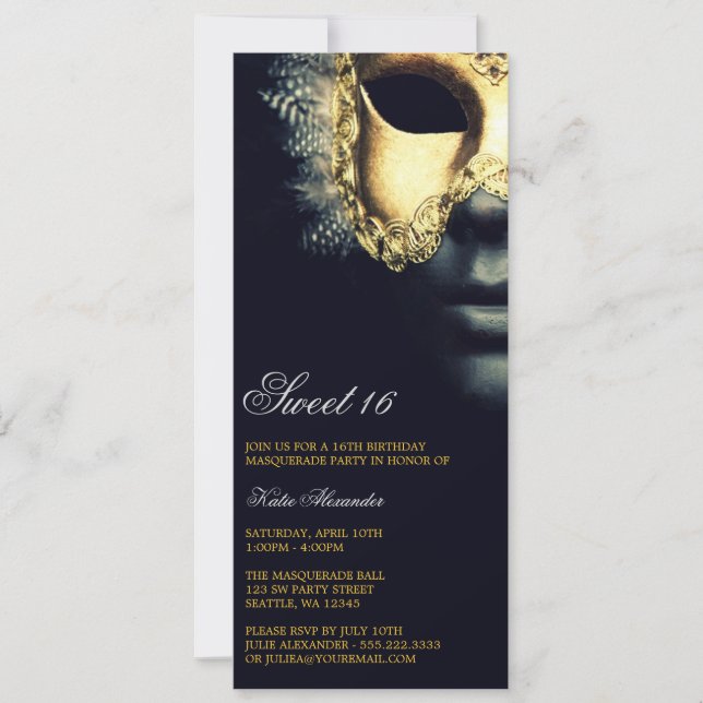 Invitation Gold Black Masquerade Sweet 16 Anniversaire Invita (Devant)