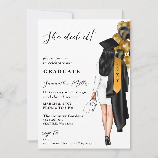 Invitation Gold Black Nurse Photo Elle L'A Fait Diplôme (Devant)