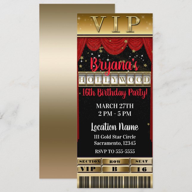 Invitation Gold Black Red HOLLYWOOD Billet VIP fête d'anniver (Devant / Derrière)