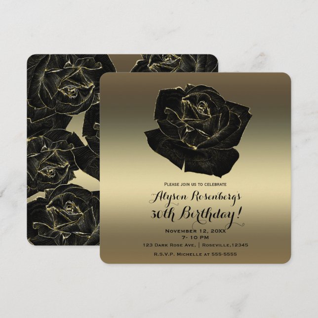 Invitation Gold & Black Rose Élégante classe fête d'anniversa (Devant / Derrière)