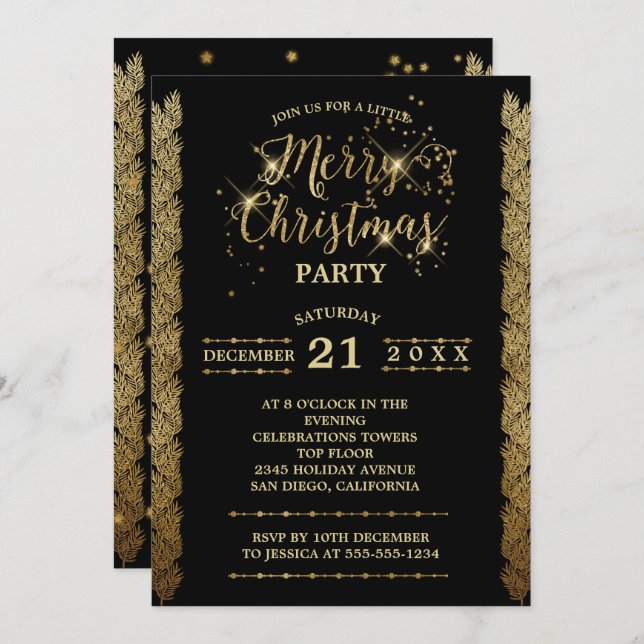 Invitation Gold Black Sparkings Joyeux Noël Party (Devant / Derrière)