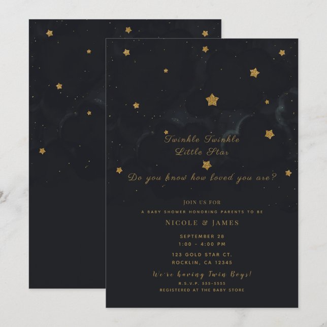 Invitation Gold Black Stars Dark Night Sky Baby shower Twins (Devant / Derrière)