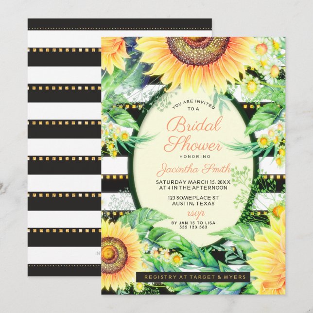 Invitation Gold Black Stripes Fête des mariées de tournesols  (Devant / Derrière)