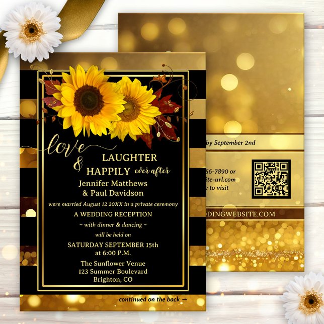 Invitation Gold Black Sunflower Happily Ever After Wedding (Happily ever after wedding invitation featuring sunflowers and autumn leaves on chic black)