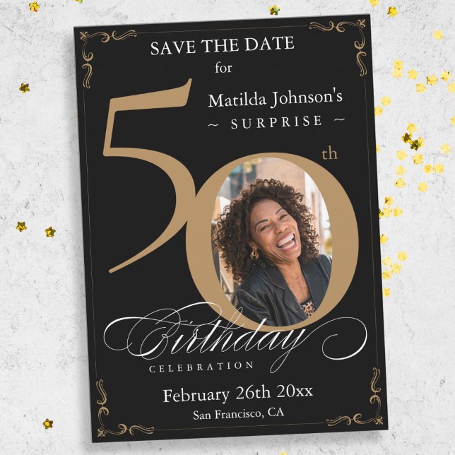 Invitation Gold Black Surprise 50e anniversaire Enregistrer l (Mockup View)