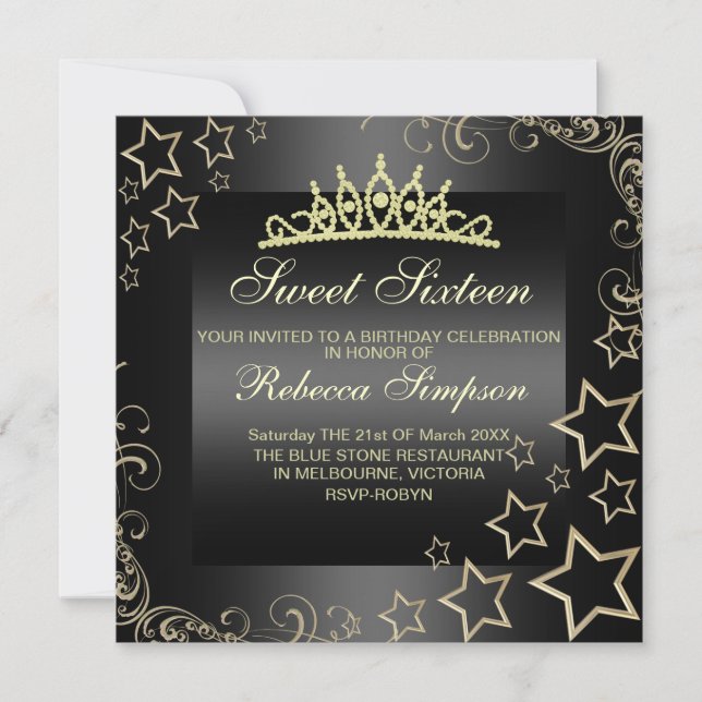 Invitation Gold/Black Sweet16 Star & Tiara Birthday Invitatio (Devant)
