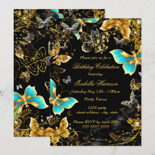 Invitation Gold Black Turquoise Butterfly Floral fête d'anniv
