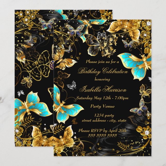 Invitation Gold Black Turquoise Butterfly Floral fête d'anniv (Devant / Derrière)