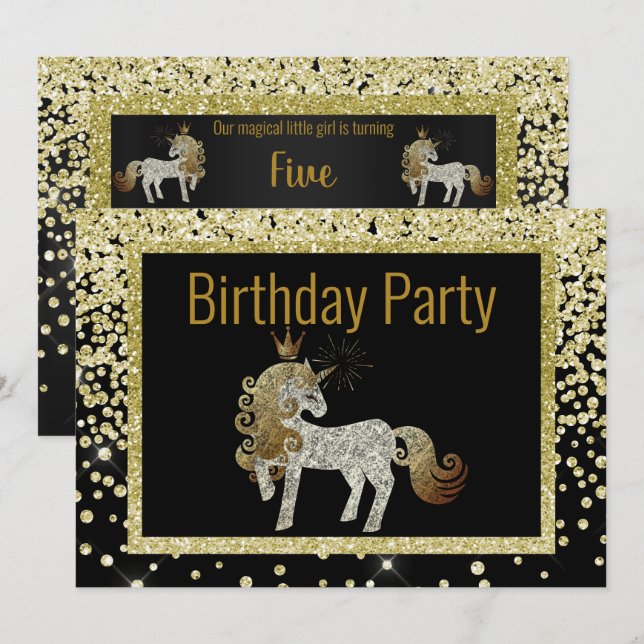 Invitation Gold Black Unicorn Éparkie Anniversaire (Devant / Derrière)