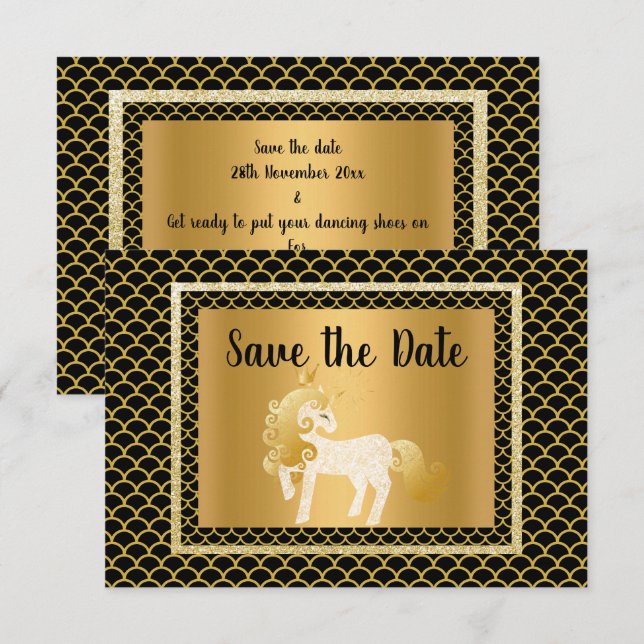 Invitation Gold Black Unicorn Mermaid Party Enregistrer la da (Devant / Derrière)