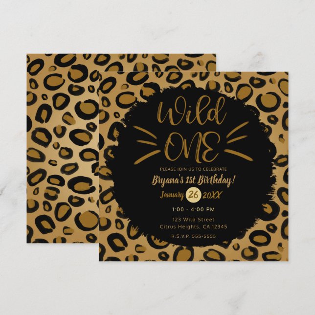 Invitation Gold & Black Whiskers WILUN 1er anniversaire fête (Devant / Derrière)