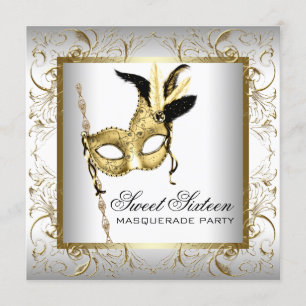 Invitation Gold Black White Sweet sixteen Masquerade Party