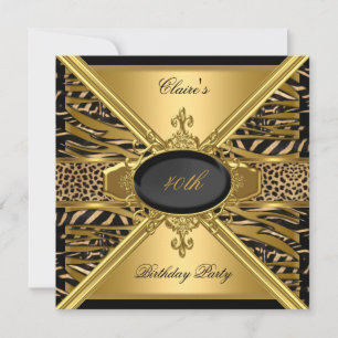 Invitation Gold Black Zebra Leopard 40e fête d'anniversaire