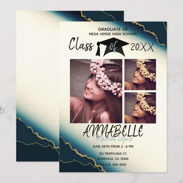 Invitation Gold Blue Agate Graduation Party 3 Photo (Devant / Derrière)