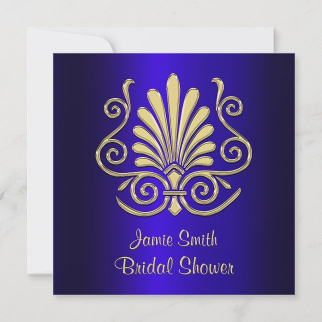 Invitation Gold & Blue Art Déco Damask Fête des mariées 2 (Devant)