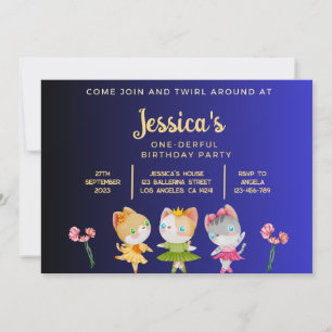 Invitation Gold Blue Ballerina Chat Anniversaire de enfant Pa
