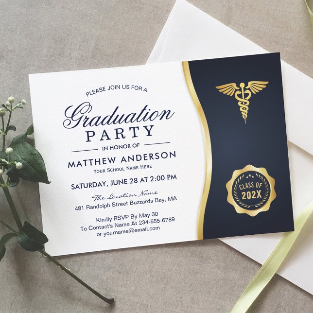 Invitation Gold Blue Caduceus Médicale School Graduation Part (Créateur téléchargé)