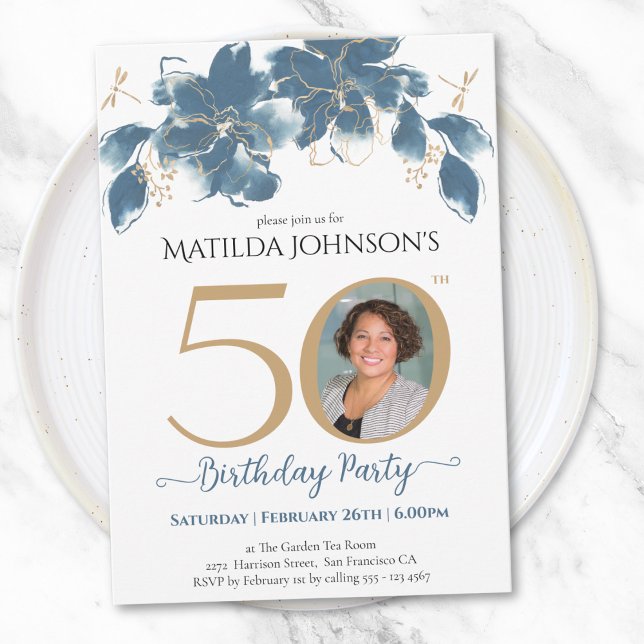 Invitation Gold Blue Floral Photo personnalisée 50e anniversa (Gold Blue Floral Custom Photo 50th Birthday Invitation)