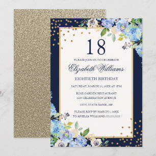 Invitation Gold Blue floral Sparkle 18e anniversaire Invitati