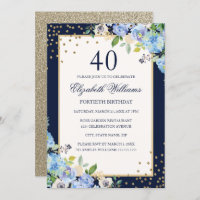 Gold Blue floral Sparkle 40e anniversaire Invitati