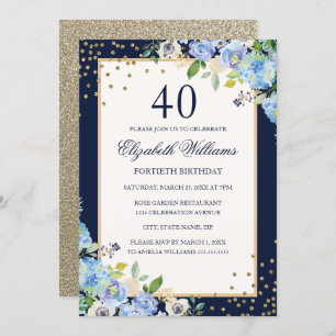 Invitation Gold Blue floral Sparkle 40e anniversaire Invitati