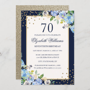 Invitation Gold Blue floral Sparkle 70e anniversaire Invitati