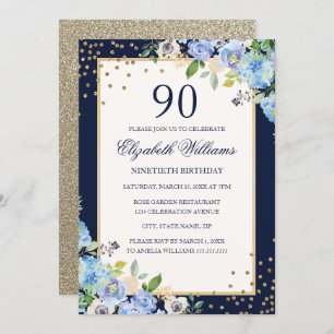 Invitation Gold Blue floral Sparkle 90e anniversaire Invitati