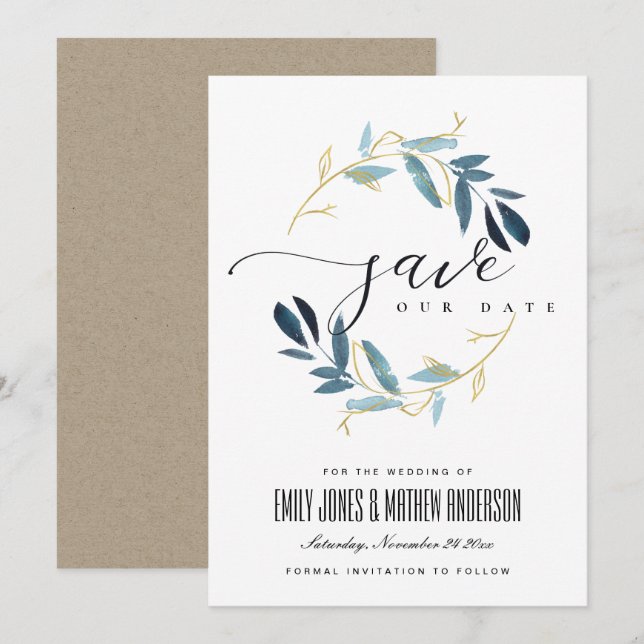 INVITATION GOLD BLUE FOLIAGE WATERCOLOR WREATURE SAUVEGARDER  (Devant / Derrière)