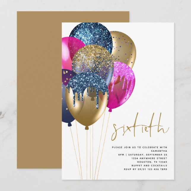 Invitation Gold Blue Fuchsia Parties scintillant Ballons 60e  (Devant / Derrière)