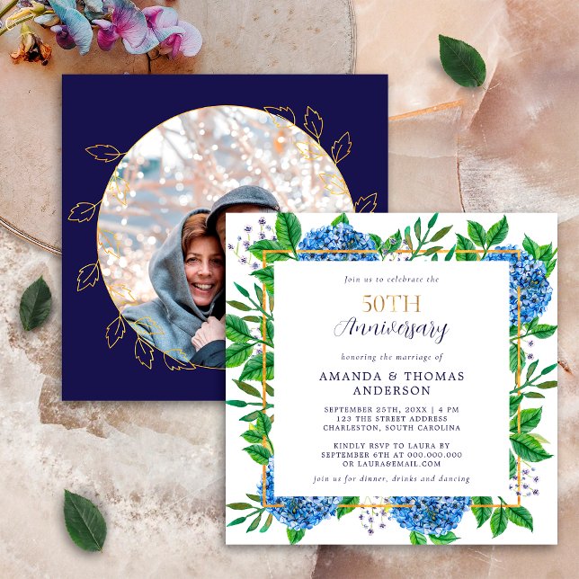 Invitation Gold Blue Hydrangea Photo 50e anniversaire de Mari (Créateur téléchargé)