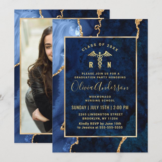 Invitation Gold Blue Nursing School Graduation Party (Devant / Derrière)