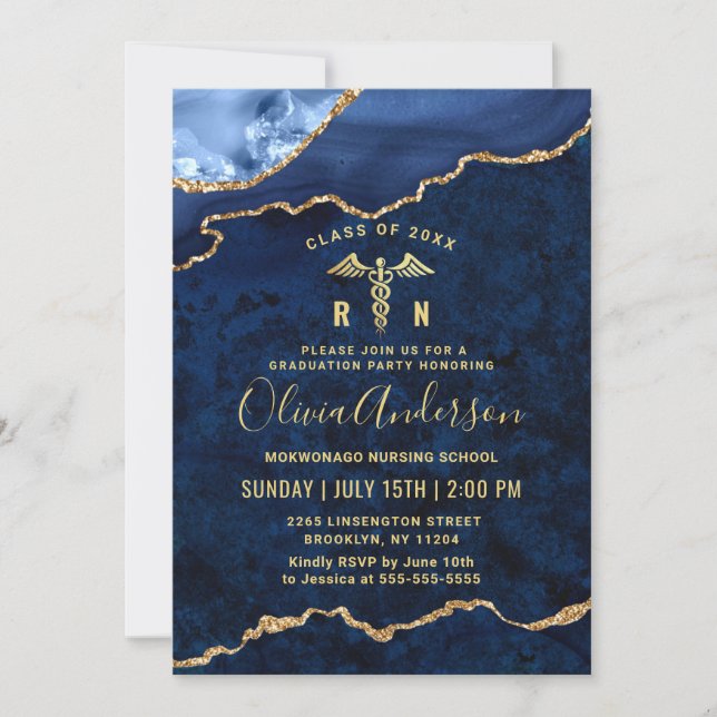 Invitation Gold Blue Nursing School Graduation Party (Devant)