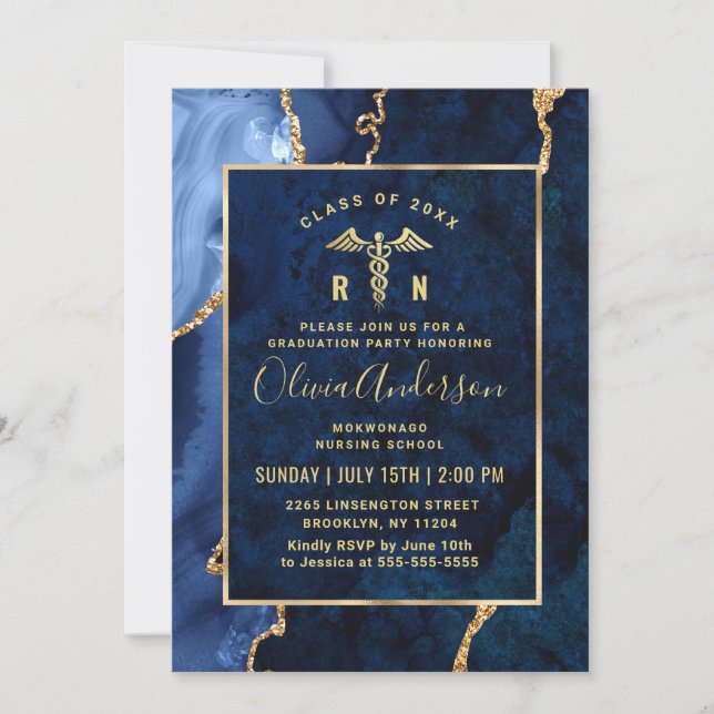 Invitation Gold Blue Nursing School Graduation Party (Devant)