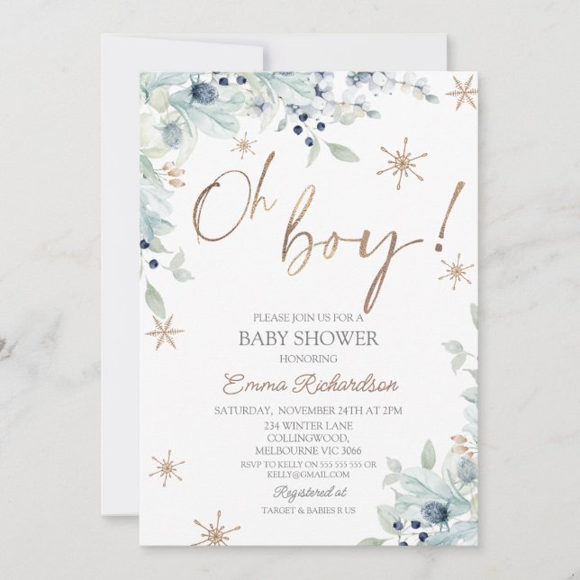 Invitation Gold Blue Oh Boy Little Baby shower de flocon de n (Devant)